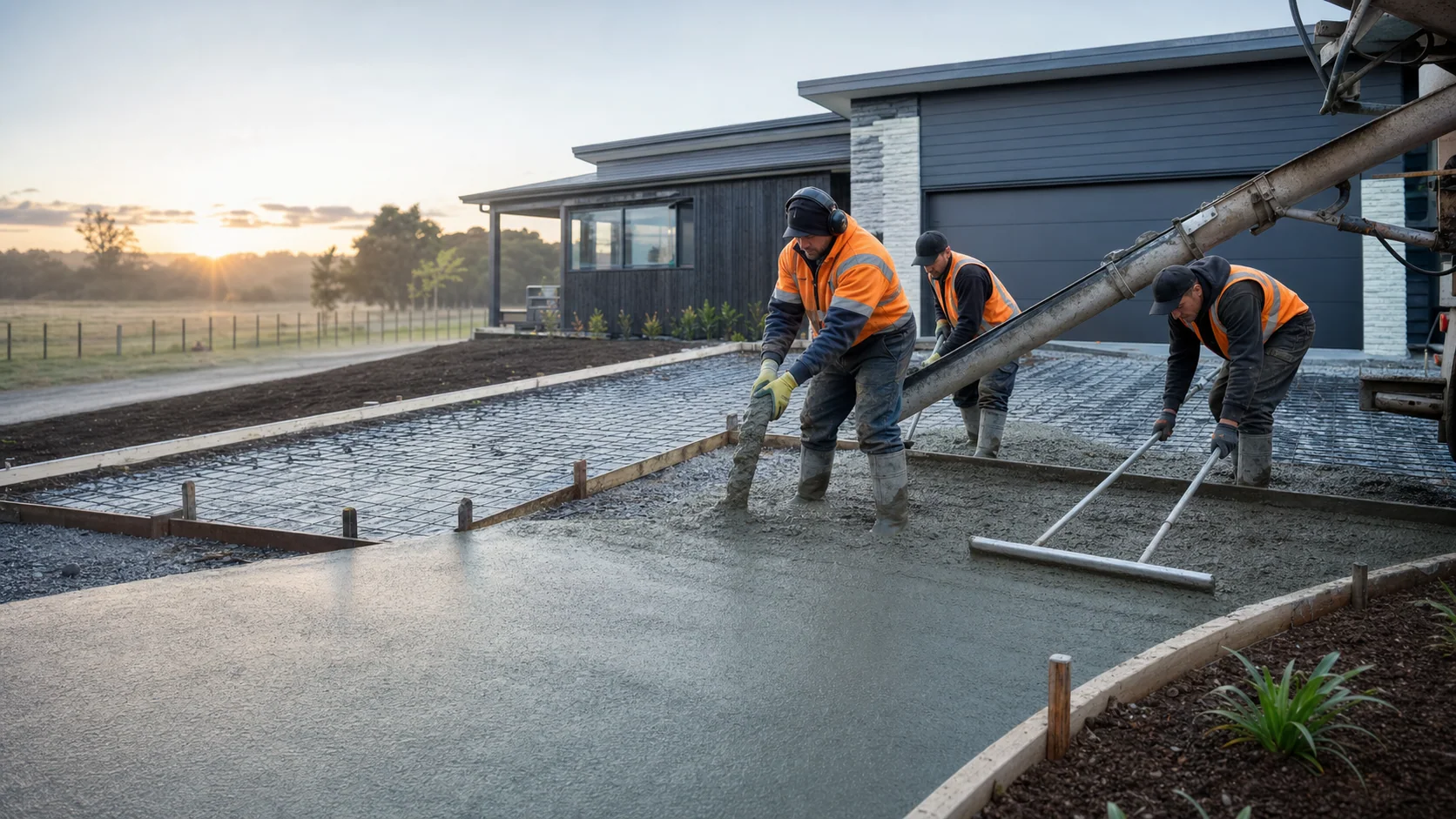 Concrete contractors working on a Palmerston North driveway